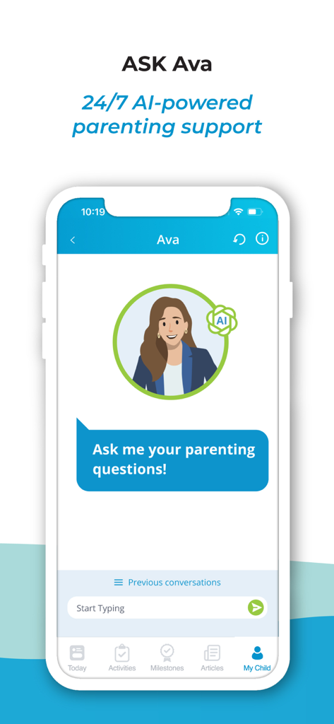 BabySparks - Development App - Interfaccia dell'app BabySparks che mostra Ava, l'assistente di supporto genitoriale AI attivo 24 ore su 24, 7 giorni su 7.