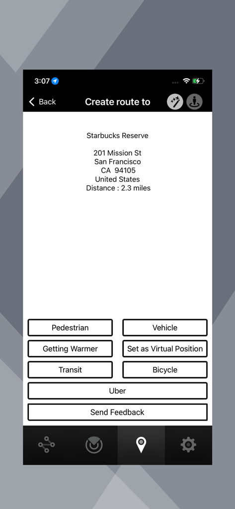 Indigo Nav - Indigo Nav app route creation screen showing destination details for a Starbucks and various transportation mode buttons like pedestrian and transit.