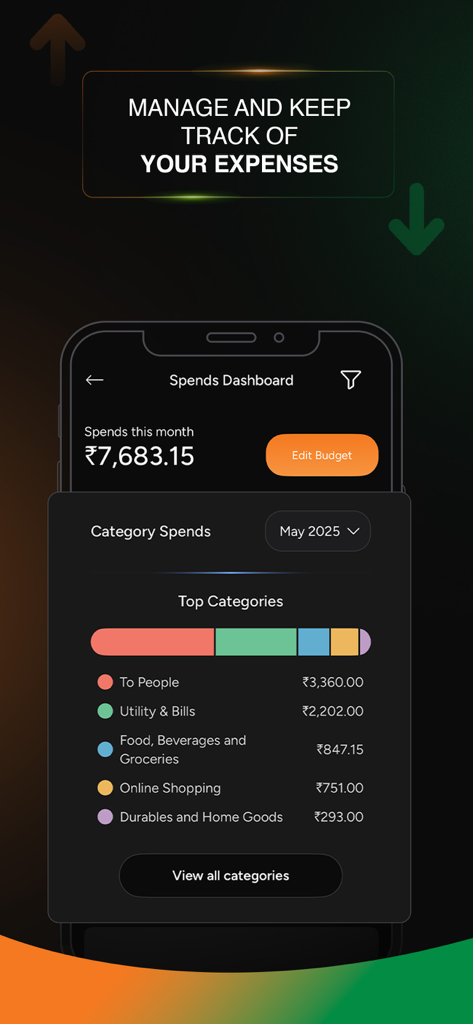 BHIM app spends dashboard showing categorized monthly expense tracking and total spending in Rupees.