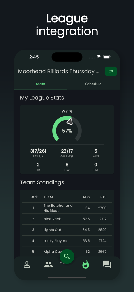 FargoRate - FargoRate app showing league statistics win percentage and team standings for pool players