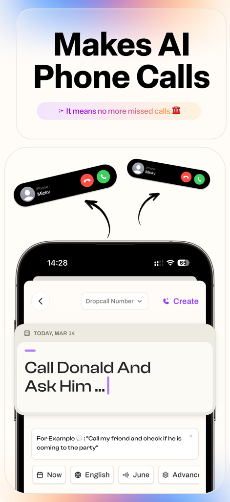 Dropcall: AI Voicemail & Phone - Interface of the Dropcall app showing the creation of an automated AI phone call mission to avoid missed calls.