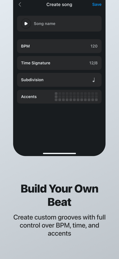 Metronome - BPM Counter - Interface for creating custom beats and grooves with BPM and time signature settings
