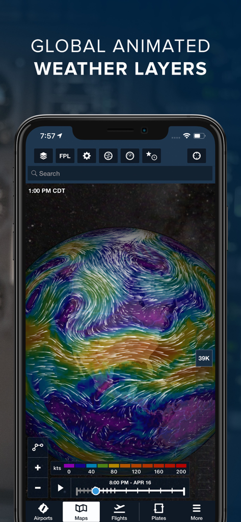 ForeFlight Mobile EFB - ForeFlight Mobile EFB interface displaying global animated weather layers and wind currents on a 3D globe