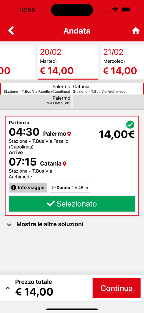 Sais Autolinee - Interfaccia dell'app Sais Autolinee che mostra la selezione di un viaggio in autobus da Palermo a Catania con un prezzo di 14 Euro.