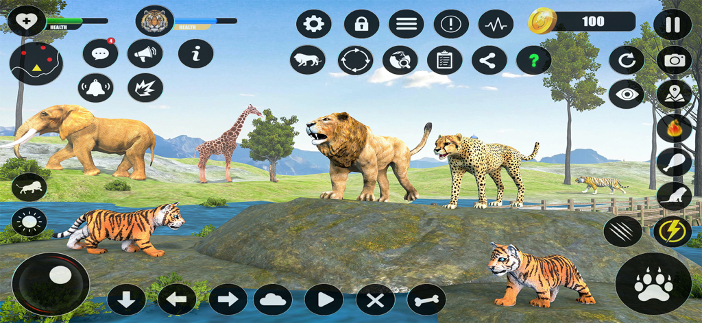 Jugabilidad de Wild Tiger Sim que muestra cachorros de tigre, leones y elefantes en un entorno de safari.