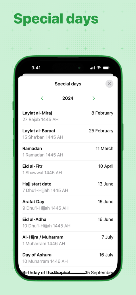 IslamApp mobile interface showing a list of Islamic holidays and special days for the year 2024