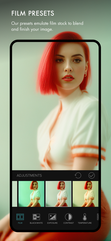 Mextures Photo Editor - Mextures app interface showing film presets applied to a portrait of a woman with red hair