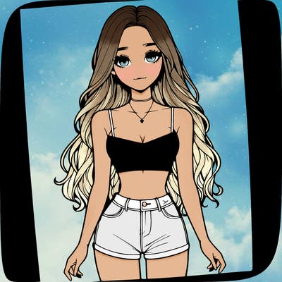 a realistic girl with long hair and in a crop top and shprts