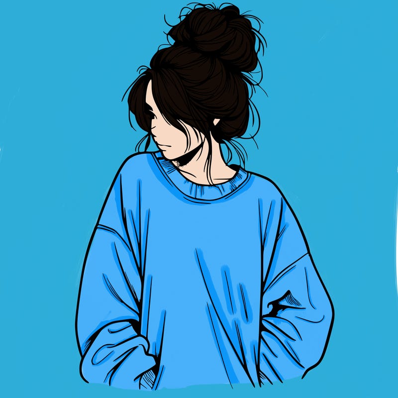 a realistic girl with a messy bunny and baggy sweatshirt
