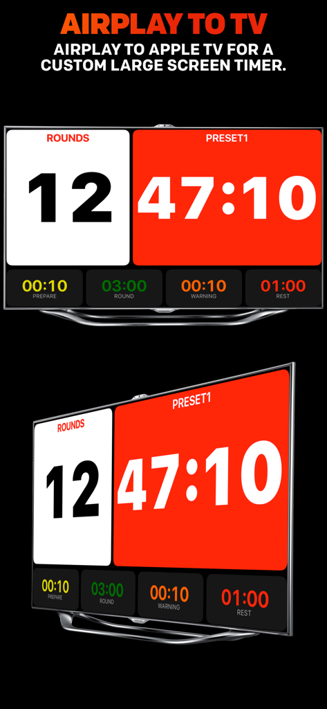 Boxing Timer Pro Round Timer - Boxing Timer Pro interface displayed on a large television screen via AirPlay