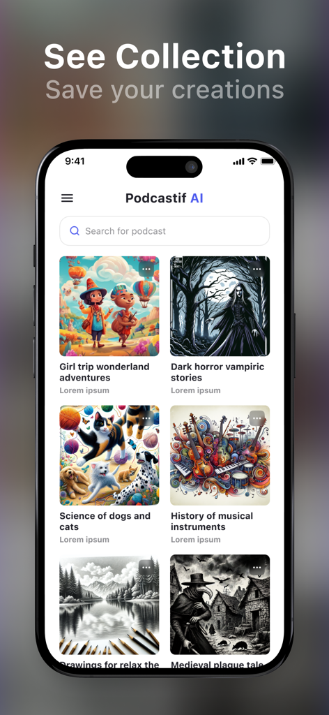 AI Podcast Creator PodcastDog - Mobile app screen showing a collection of AI generated podcasts with custom cover art and titles