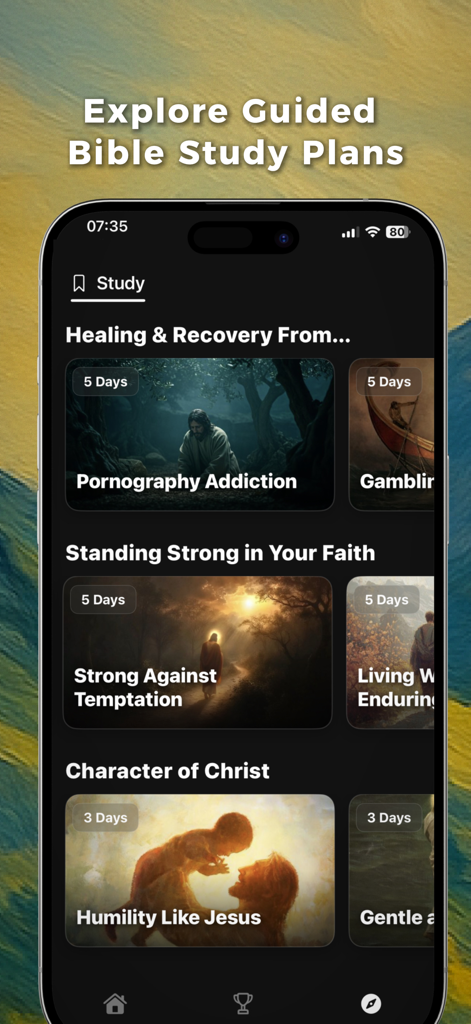 Genesis: Get Closer To God - Interfaccia dell'app Genesi che visualizza vari piani di studio biblico guidato come Guarigione e Carattere di Cristo.