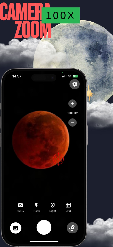 Camera Zoom 100x HD Lens - 스마트폰에 떠 있는 달의 고화질 줌 화면을 보여주는 Camera Zoom 100x HD Lens 앱 인터페이스