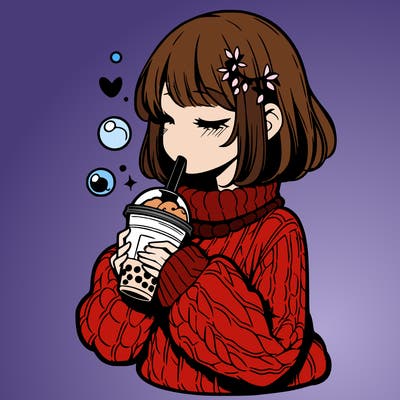 manga girl drinking boba in cozy sweater
