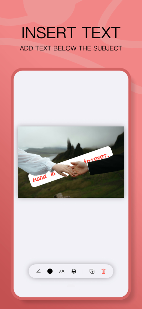 PicTool app interface showing text insertion below a photo subject