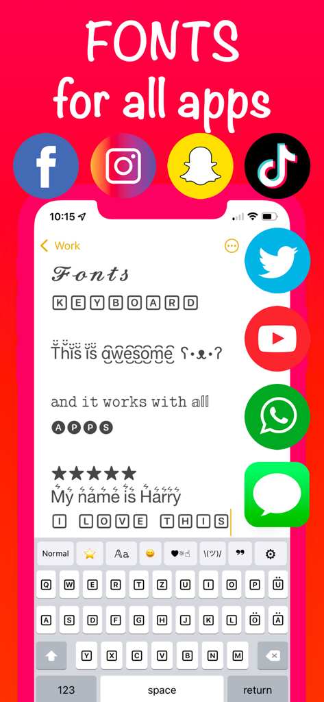 Interface do teclado de fontes personalizadas mostrando diferentes estilos de texto para aplicativos de mídia social