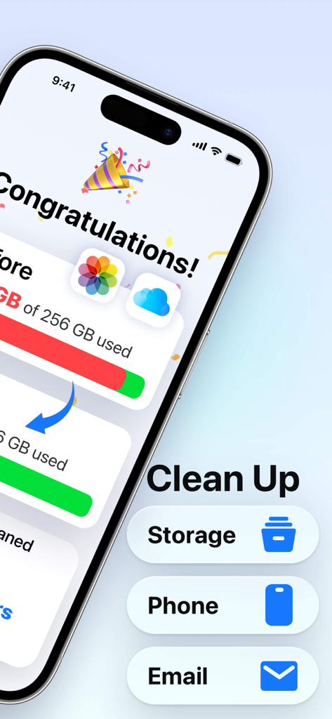 Pantalla del iPhone mostrando la limpieza exitosa del almacenamiento con opciones para limpiar el almacenamiento, el teléfono y el correo electrónico.