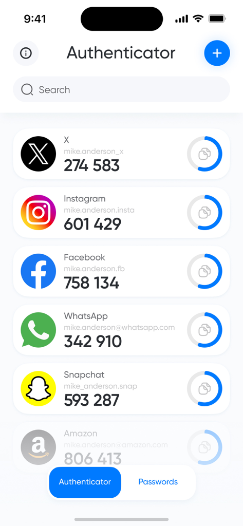 Authenticatorアプリのインターフェースに、複数のソーシャルメディアおよびショッピングアカウントの2FAセキュリティコードが表示されています