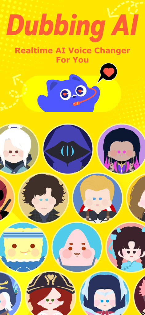 Dubbing AI app screen showcasing real-time voice changing options with various character icons