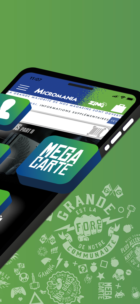 Micromania - Micromania mobile app display featuring the Mega Carte loyalty program.