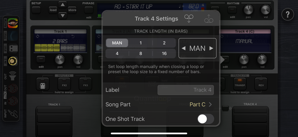 Quantiloop Pro app interface displaying track length and song part settings overlay
