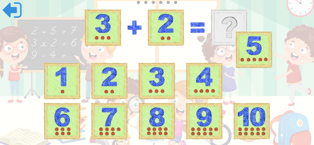 3 더하기 2라는 수학 문제를 보여주는 아이들을 위한 인터랙티브 덧셈 수업