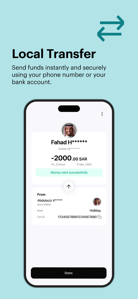 Successful local money transfer confirmation screen on the barq mobile fintech app