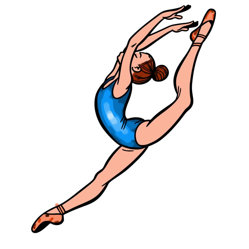 gymnast doing a leap in a leotard with a bent back leg
