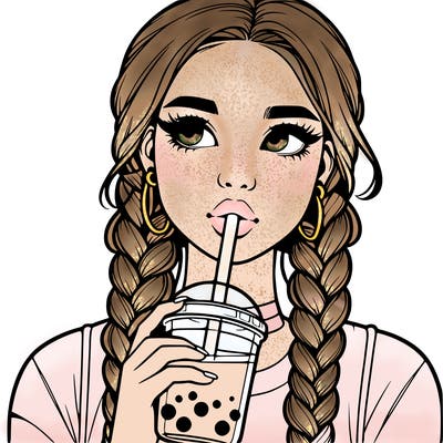 realistic girl with braided hair drinking boba