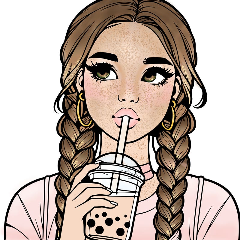 realistic girl with braided hair drinking boba