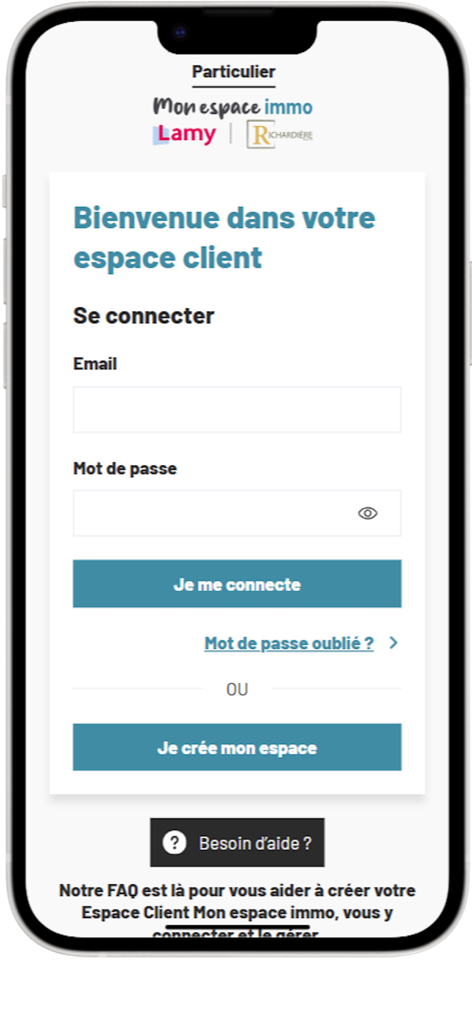Mon espace immo particuliers - Écran de connexion de l'application mobile Mon espace immo avec des champs pour l'e-mail et le mot de passe