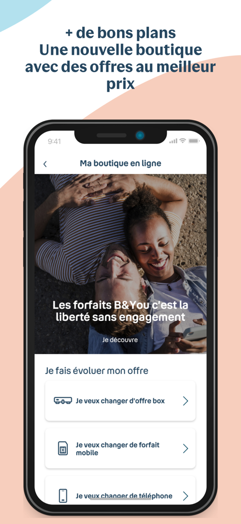 Bouygues Telecom - Oberfläche des Online-Shops der Bouygues Telecom-App, die Optionen zur Änderung von Mobilfunkverträgen und Geräten anzeigt