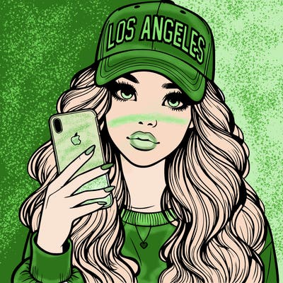 realistic beautiful girl wearing los ángeles cap holding an iphone