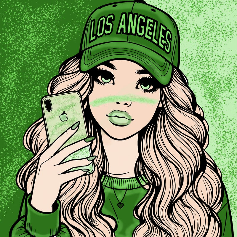 realistic beautiful girl wearing los ángeles cap holding an iphone