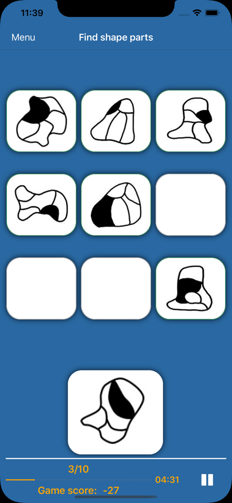 Brain and memory training Pro - L'écran du jeu de logique Trouver les parties de formes dans l'application Brain and memory training Pro.