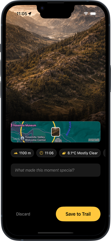TrailSnap: Hike, Bike & Walk - Hiking app screen displaying a mountain photo with altitude location map and weather details