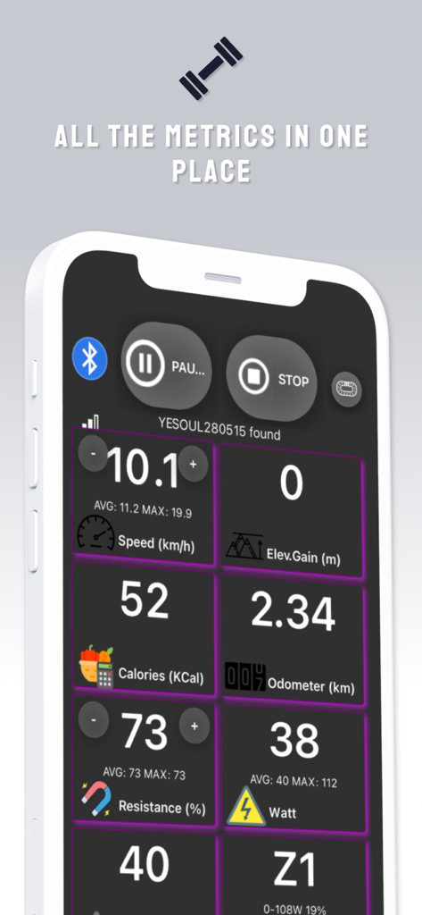 QZ fitness app dashboard showing real-time workout data including speed, calories, and resistance on a smartphone screen