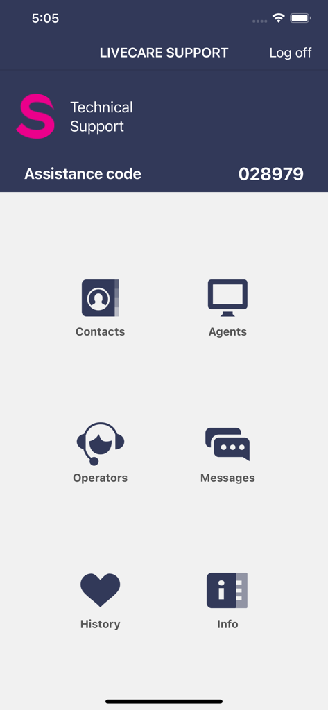 Dashboard dell'app mobile Livecare Support che mostra il codice di assistenza tecnica e le icone del menu per contatti, agenti, operatori e messaggi