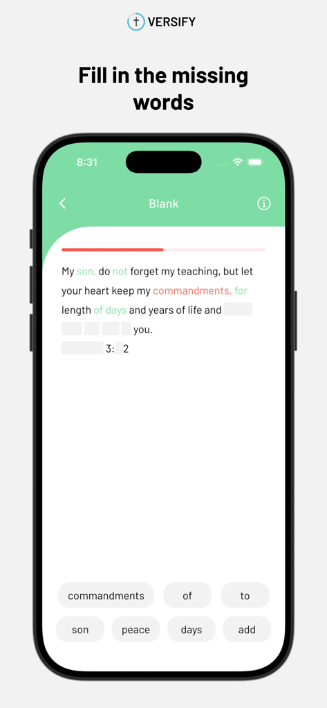 Versify app screenshot showing a Bible verse memorization game with fill in the missing words feature