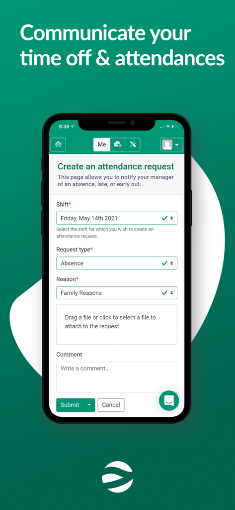 Una schermata dello smartphone che mostra l'interfaccia dell'app Merinio per l'invio di una richiesta di presenza o di ferie