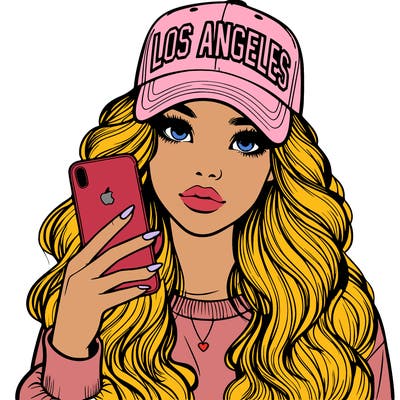 realistic beautiful girl wearing los ángeles cap holding an iphone