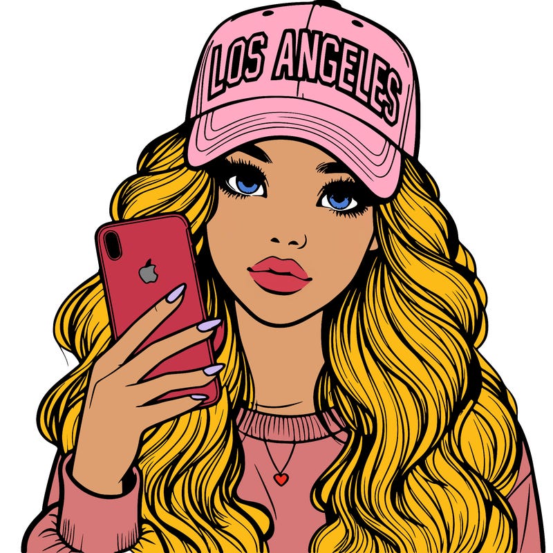 realistic beautiful girl wearing los ángeles cap holding an iphone