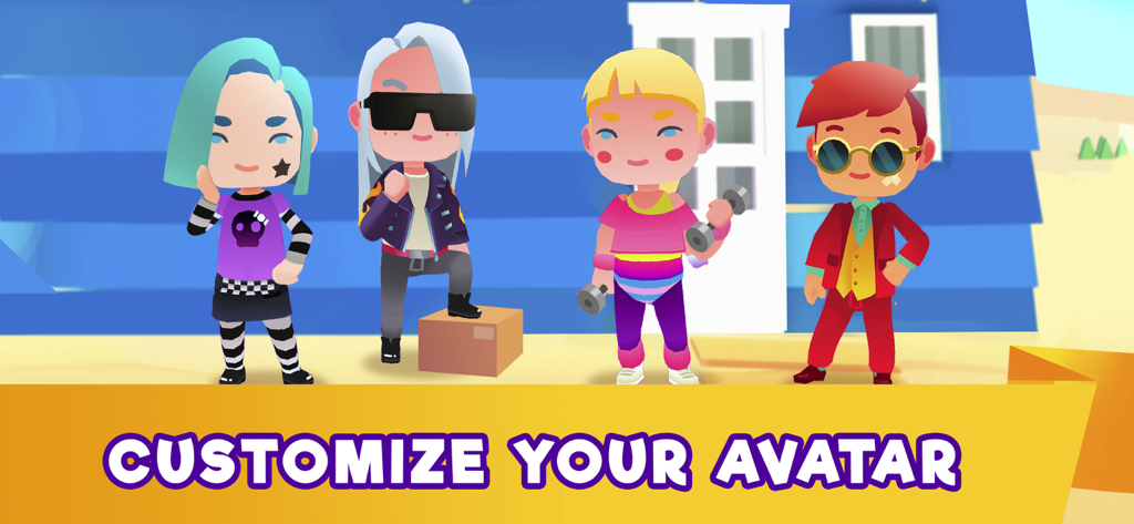 Idle Life Sim - Simulator Game - Quatre avatars de personnages diversifiés présentant différentes tenues et coiffures dans Idle Life Sim