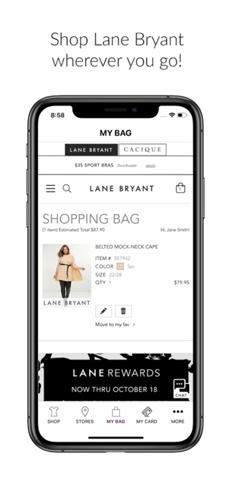 Lane Rewards by Lane Bryant - Lane Bryant mobile app shopping bag screen showing a belted mock-neck cape for plus-size women