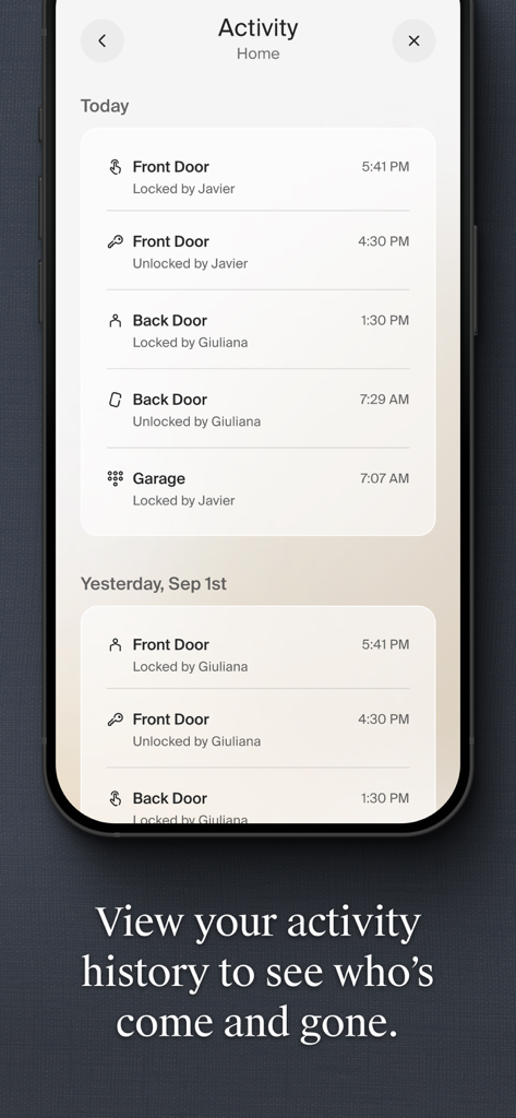 Level Home - A screenshot of the Level Home app activity log showing timestamps for when doors were locked and unlocked by different users.