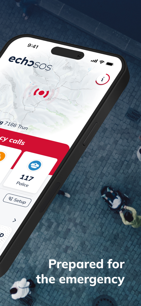 EchoSOS - EchoSOS app on a smartphone showing emergency call services and GPS location tracking