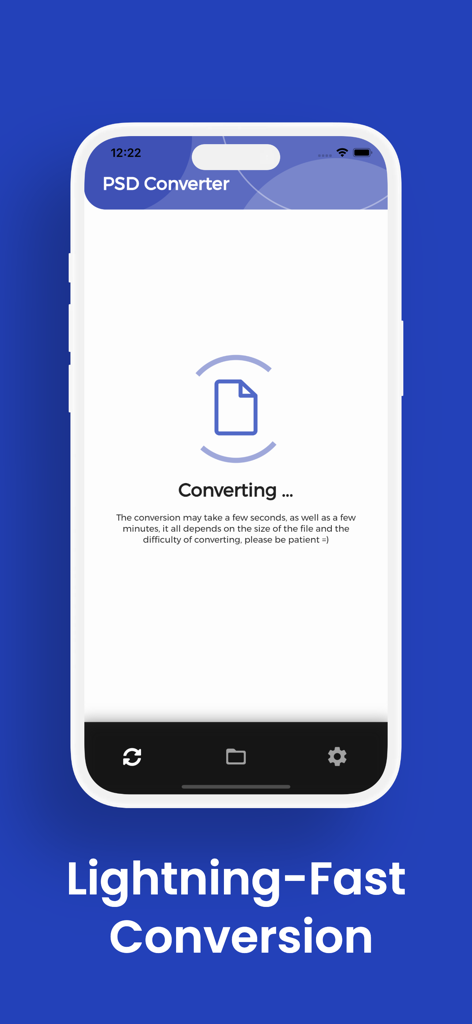 PSD Converter, PSD to PNG - Tela do aplicativo Conversor de PSD mostrando uma conversão ultrarrápida em andamento em um iPhone