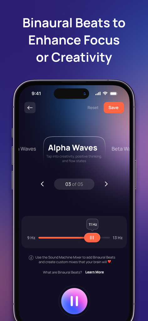 Dwellspring: Sleep Sounds - Dwellspring app interface showing binaural beats settings for Alpha Waves to enhance creativity and focus