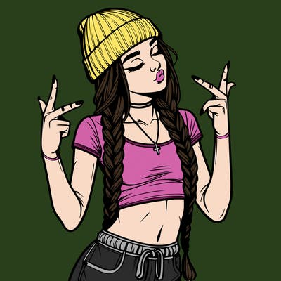 realistic teenage girl with braids and a beanie and crop top doing 🫶🏼