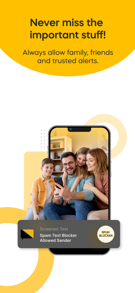 An iPhone displaying a family photo and a notification from Spam Text Blocker for an allowed sender.